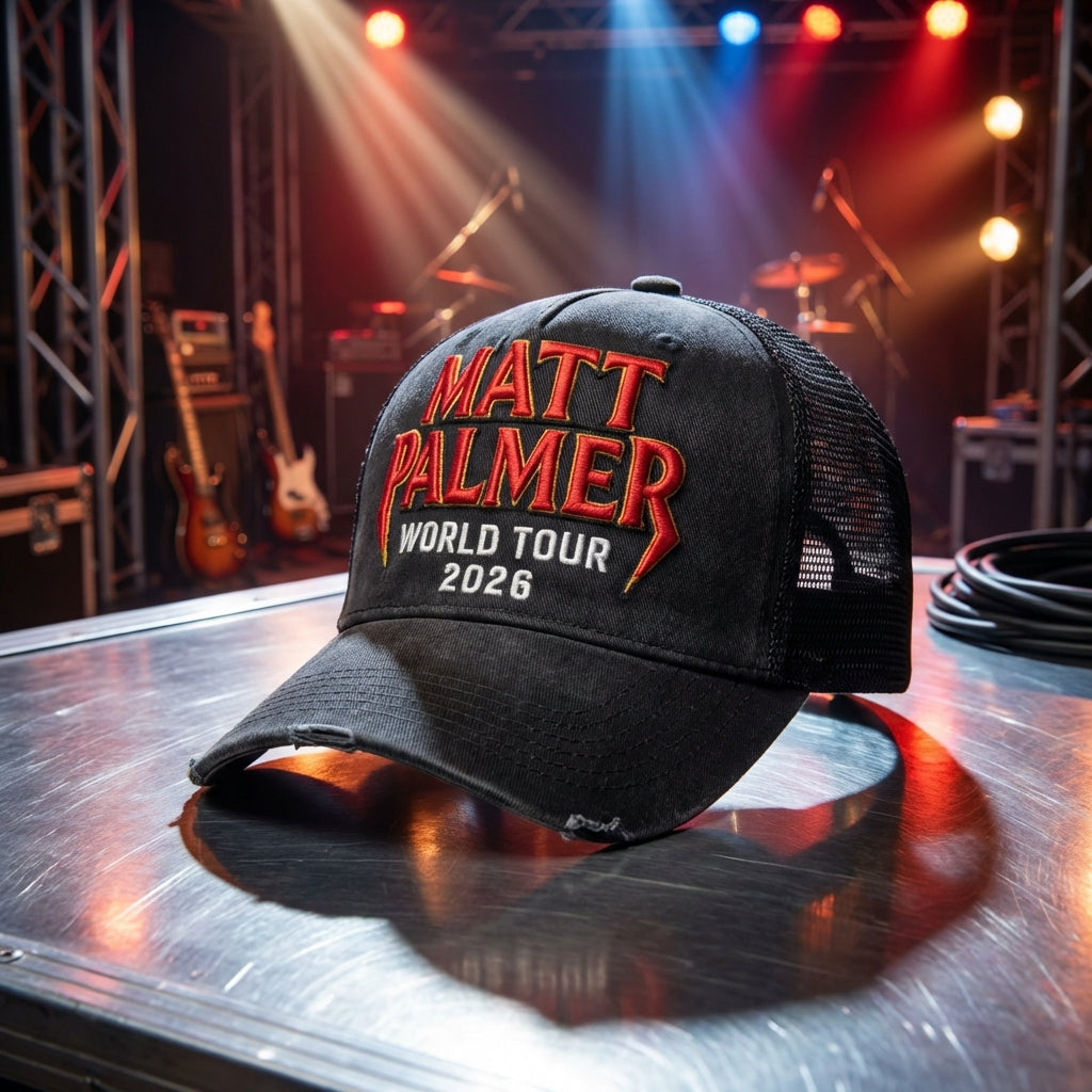 Full-body view of Matt Palmer® World Tour Rock Hat on metallic surface with stage lights and instruments in background.