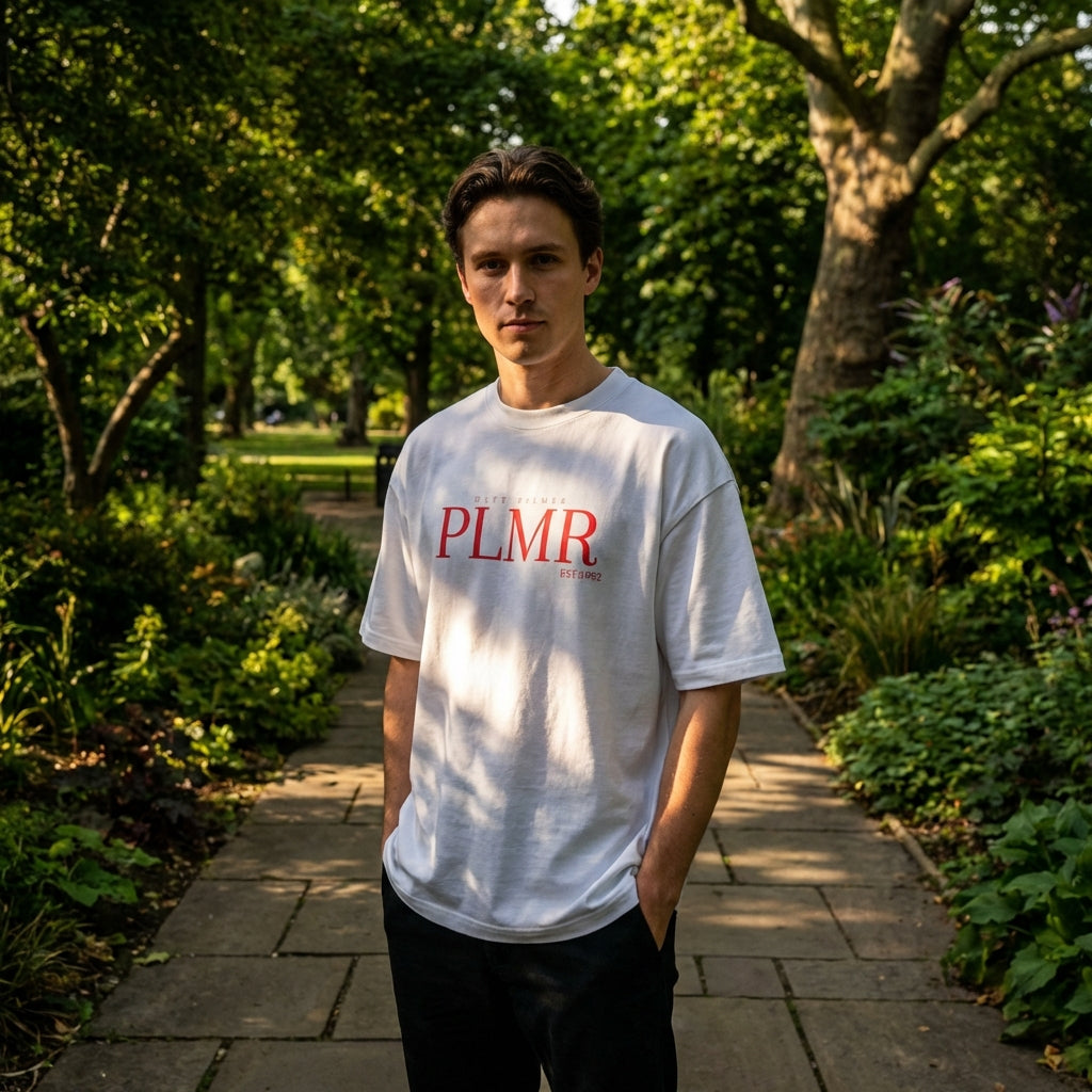 Full-length image of a model wearing an oversized t-shirt in a park, surrounded by greenery and dappled sunlight, capturing a relaxed and stylish vibe.