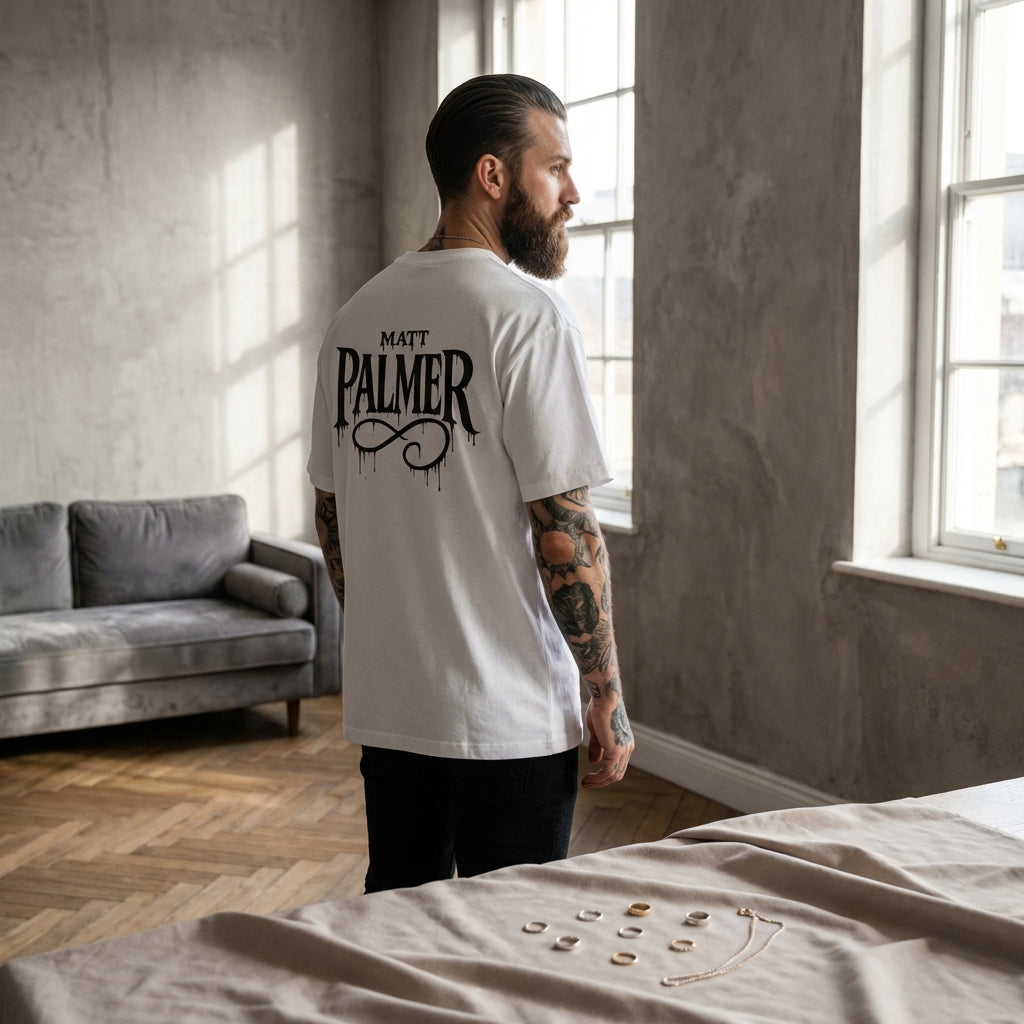 Flat lay of jewelry inside a minimalist industrial loft with male model, warm natural light, and refined ambiance.