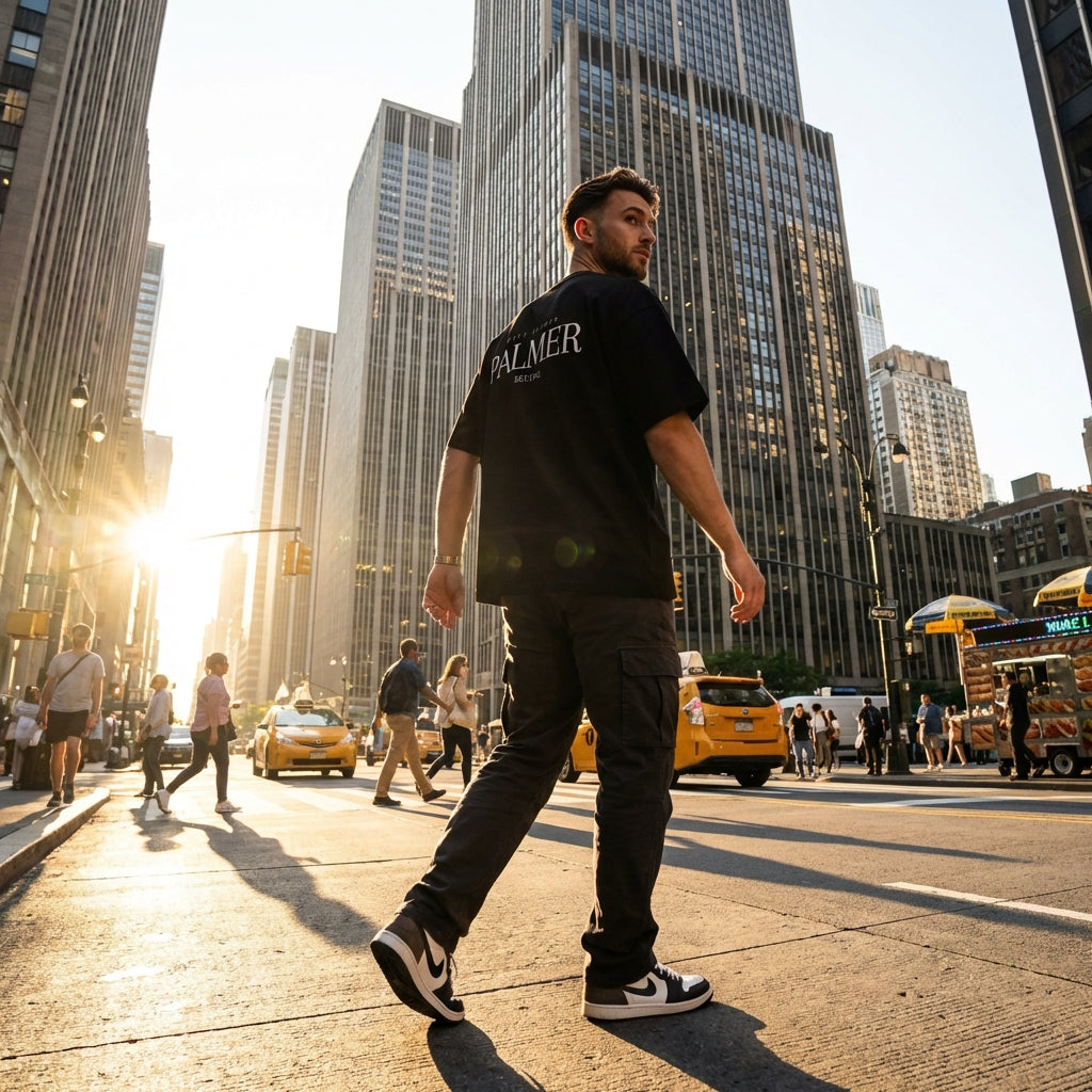 Wide-angle shot of a model wearing an oversized T-shirt in a bustling cityscape, capturing movement and casual confidence.